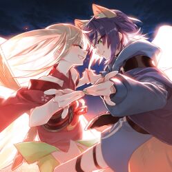  2girls animal_ear_fluff animal_ears blonde_hair blue_hoodie blush cho_kaguya-hime! closed_eyes closed_mouth commentary fishnet_thighhighs fishnets fox_ears fox_girl fox_shadow_puppet fox_shadow_puppet_kiss fox_tail green_eyes grin highres holding_hands hood hoodie interlocked_fingers japanese_clothes kaguya_(cho_kaguya-hime!) kimono long_hair looking_at_another minakata_sunao multiple_girls purple_hair rabbit_ears red_kimono sakayori_iroha short_hair smile tail tears thigh-highs thigh_strap yuri 