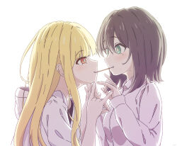  2girls absurdres black_hair black_shirt blush bright_pupils cho_kaguya-hime! collared_shirt commentary_request eye_contact food food_in_mouth fox_shadow_puppet green_eyes grin highres holding_hands hood hooded_jacket interlocked_fingers jacket kaguya_(cho_kaguya-hime!) long_sleeves looking_at_another medium_hair mole mole_under_eye mouth_hold multiple_girls open_clothes open_jacket orange_eyes partial_commentary pocky pocky_in_mouth pocky_kiss sakayori_iroha shirt simple_background smile thereaakari upper_body white_background white_jacket white_pupils white_shirt yuri 