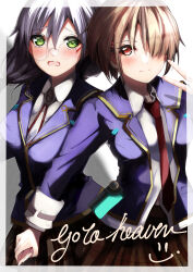 2girls absurdres blush brown_hair commentary_request glasses green_eyes hair_ornament hair_over_one_eye hairpin heaven_burns_red highres holding_hands izumi_yuki_(heaven_burns_red) kayamori_ruka long_hair multiple_girls natsuki_(muravito) necktie red_eyes red_necktie school_uniform short_hair v 