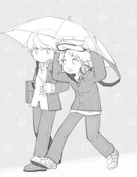  2boys bag bag_on_head closed_mouth collared_shirt commentary_request full_body grey_background greyscale grin hanamura_yousuke headphones headphones_around_neck highres holding holding_bag jacket kkyagdoyo164972 korean_commentary long_sleeves looking_at_another male_focus monochrome multiple_boys narukami_yu open_clothes open_jacket pants patterned_background persona persona_4 school_bag school_uniform shared_umbrella shirt shoes short_hair simple_background smile standing umbrella walking yasogami_school_uniform 