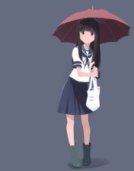  1girl absurdres azuki-iro bag black_hair blue_neckerchief blue_sailor_collar blue_skirt blunt_bangs blush boots brown_eyes commentary_request full_body grey_background grocery_bag hatsuyuki_(kancolle) highres hime_cut kantai_collection long_hair long_sidelocks looking_at_viewer neckerchief pleated_skirt rubber_boots sailor_collar school_uniform serafuku shadow shirt shopping_bag short_sleeves sidelocks simple_background skirt solo standing umbrella white_shirt 