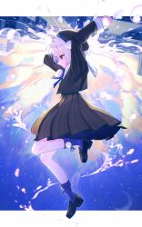  1girl arms_up beret black_hat black_jacket black_shirt black_shoes black_skirt blue_socks bow bowtie bubble building commentary_request full_body hat highres jacket loafers long_sleeves nakam1ya pom_pom_(clothes) profile red_eyes sailor_collar shirt shoes short_hair skirt socks solo ui_(voisona) upside-down voisona white_hair 
