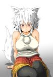  1girl animal_ears bare_shoulders black_legwear breasts inubashiri_momiji large_breasts looking_at_viewer no_hat nokishita_kumoemon pom_pom_(clothes) red_eyes short_hair silver_hair simple_background sitting solo tail thigh-highs touhou white_background wolf_ears wolf_tail 