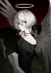  1girl absurdres androgynous bare_shoulders black_choker black_eyes black_shirt choker closed_mouth collarbone cross earrings feathered_wings from_side glasses grass graveyard hair_between_eyes halo highres jewelry looking_at_viewer looking_to_the_side necklace off-shoulder_shirt off_shoulder original red_sky round_eyewear shirt short_hair sideways_glance sky solo tombstone traditional_halo tuba_io white_hair white_wings wings 