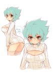  1girl blush breasts bust cleavage cleavage_cutout genderswap german green_eyes green_hair johan_andersen large_breasts looking_at_viewer looking_back open-chest_sweater ribbed_sweater short_hair solo sweater thigh-highs tobi_(one) turtleneck white_background yuu-gi-ou yuu-gi-ou_gx 