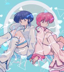  2girls absurdres blue_background boots braid brown_eyes closed_mouth dot_mouth en_0410 highres multiple_girls pink_hair ranma-chan ranma_1/2 red_eyes short_hair single_braid sitting smile tendou_akane white_boots 