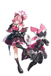  2girls absurdres aria_(discordant_note)_(zenless_zone_zero) aria_(zenless_zone_zero) asymmetrical_legwear bad_source black_bridal_gauntlets black_choker black_hair black_pantyhose black_shoes black_socks black_streaks black_wings blue_eyes bridal_gauntlets choker clenched_teeth crossed_bangs dual_persona full_body hair_between_eyes halo hand_on_own_hip hand_up heart heart_halo highres humanoid_robot joints looking_at_viewer mismatched_legwear multicolored_hair multiple_girls official_alternate_costume official_art one_eye_closed pantyhose parted_lips pink_hair robot robot_girl robot_joints shoes simple_background single_leg_pantyhose skirt socks standing standing_on_one_leg streaked_hair symbol-shaped_pupils teeth transparent_background v wings zenless_zone_zero 