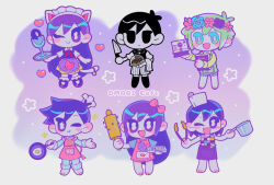  2girls 4boys alternate_costume animal_ears antenna_hair apron aubrey_(headspace)_(omori) aubrey_(omori) barefoot basil_(headspace)_(omori) basil_(omori) bell black_bow black_bowtie black_eyes black_hair black_shoes black_socks black_sweater_vest blue_pants blush bow bowtie bright_pupils brother_and_sister brothers cat_ears chef_hat chibi chibi_only closed_mouth collared_shirt colored_skin copyright_name double-parted_bangs expressionless fake_animal_ears fake_tail flower flower_wreath food fried_egg frying_pan green_apron green_eyes green_hair hair_between_eyes hair_bow hat head_wreath hector_(omori) hero_(headspace)_(omori) hero_(omori) highres holding holding_frying_pan holding_knife holding_plate holding_rolling_pin holding_tongs holding_tray hotokeforgame kel_(headspace)_(omori) kel_(omori) knife long_hair long_sleeves mari_(headspace)_(omori) mari_(omori) mini_chef_hat mini_hat mr._plantegg_(omori) multiple_boys multiple_girls neckerchief omori omori_(omori) one_eye_closed open_mouth pajamas pants pet_rock pink_apron pink_bow plate purple_hair purple_sweater_vest red_neckerchief rolling_pin shirt shoes short_hair short_sleeves shorts siblings sidelocks smile socks something_(omori) spoilers steak striped_clothes striped_pajamas striped_pants striped_shorts sweater_vest tail tail_bell tail_ornament tongs tray vertical-striped_clothes vertical-striped_pajamas vertical-striped_pants vertical-striped_shorts very_long_hair violet_eyes white_pajamas white_pants white_pupils white_shirt white_shorts white_skin 