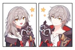  1boy 1girl black_gloves black_jacket bra_strap caelus_(honkai:_star_rail) caelus_(vim_and_vigor)_(honkai:_star_rail) chinese_clothes closed_mouth commentary cook0363 dual_persona gloves grey_hair hand_up highres holding holding_mask honkai:_star_rail honkai_(series) jacket long_hair looking_at_viewer mask official_alternate_costume open_mouth portrait shirt short_hair simple_background smile stelle_(honkai:_star_rail) stelle_(vim_and_vigor)_(honkai:_star_rail) supplicant_mask trailblazer_(honkai:_star_rail) two-sided_fabric two-sided_jacket untranslatable_commentary white_background white_shirt yellow_eyes 