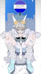  1girl 2026 absurdres bandaid blue_shoes blue_sky border cityscape falling_petals fingernails glasses grey_eyes grey_hair grid_background hair_between_eyes highres himuro_yukichiko interlocked_fingers long_bangs long_fingernails long_necktie long_sleeves looking_at_viewer loose_socks m_legs original outdoors own_hands_clasped own_hands_together petals rolling_suitcase shoe_belt shoes short_hair sitting sitting_on_suitcase skin_tight sky socks solo spread_legs suitcase tomboy unitard watch white_nails white_petals 