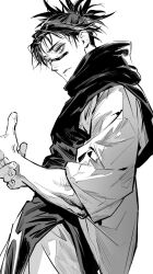  1boy bags_under_eyes black_hair choso_(jujutsu_kaisen) commentary_request facial_tattoo from_side greyscale highres holding_own_wrist jujutsu_kaisen monochrome robe scar scar_on_face sennin_(inoinox) short_twintails solo tattoo twintails upper_body white_background white_robe wide_sleeves 