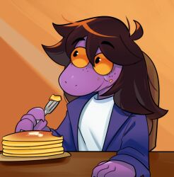  1girl ahoge black_eyes brown_hair cardigan chair colored_sclera commentary deltarune double-parted_bangs food food_on_face fork freckles furry furry_female hair_between_eyes highres holding holding_fork long_hair long_sleeves open_cardigan open_clothes pancake pancake_stack pkbunny plate purple_cardigan scene_reference shirt sitting smile solo susie_(deltarune) t-shirt untranslatable_commentary upper_body utdr_(toby_fox) white_shirt yellow_sclera 