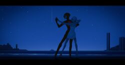  2girls ariane_yeong barefoot black_hair commentary_request dancing dress elster_(signalis) film_grain highres holding_hands letterboxed multiple_girls red_eyes scenery short_hair signalis sky standing star_(sky) starry_sky white_dress white_hair wide_shot ximuyou733 yuri 