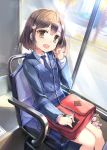  1girl :d bag bench brown_eyes brown_hair bus bus_interior earphones jin_young-in looking_at_viewer motor_vehicle open_mouth original school_bag school_uniform short_hair sitting smile solo vehicle 