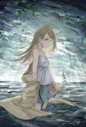  1girl absurdres ageo_skskboy belt black_belt blonde_hair blue_shorts brown_robe camisole closed_mouth clouds cloudy_sky commentary_request cowboy_shot denim denim_shorts earrings from_side gakuen_idolmaster green_sky grey_sky hair_ornament hairclip highres holding holding_plant horizon idolmaster jewelry long_hair looking_at_viewer ocean off_shoulder open_clothes open_robe orange_eyes outdoors parallel_hairclips plant profile robe rope_belt shinosawa_hiro shorts sky solo standing stud_earrings wading water white_camisole 