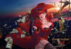  1girl artist_name banknote black_gloves brown_hair building carmen_sandiego carmen_sandiego_(series) character_name chinese_commentary city closed_mouth commentary_request diamond_necklace dollar_bill dress elbow_gloves fedora gloves hat hat_over_one_eye hat_tug highres jewelry lips lipstick long_hair makeup money necklace on_ladder one_eye_covered outdoors qi_shi_(7even) realistic red_dress red_hat red_lips rope_ladder short_sleeves signature smile solo sun sunset thigh-highs 