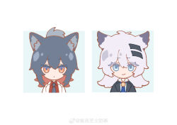  2girls arknights black_hair black_jacket blue_eyes chibi chibi_only expressionless hair_ornament hairclip highres jacket lappland_(arknights) multiple_girls necktie official_artist_extra orange_hair ponytail portrait red_shirt shirt smile straight-on tail texas_(arknights) third-party_source watermark weibo_username weibo_watermark white_hair white_jacket white_shirt wolf_girl wolf_tail yan_yan_zhishi_naicha 