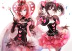  2girls \m/ asymmetric_gloves black_gloves black_hair cowboy_shot crown detached_collar double_\m/ earrings fur gloves heart jewelry love_live!_school_idol_project mini_crown moemoe3345 multiple_girls nishikino_maki pink_gloves red_eyes redhead short_hair skirt twintails violet_eyes wand yazawa_nico 