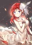  &gt;:) 1girl bare_shoulders black_gloves blush breasts choker cozyquilt dress fingerless_gloves gloves hair_ornament hand_on_own_chest long_hair looking_at_viewer love_live!_school_idol_project microphone nishikino_maki petals redhead smile solo strapless_dress violet_eyes white_dress 