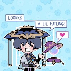  1boy aracanthus38633 armor black_shorts blank_eyes blue_background blue_cape blue_gem blue_hat blue_jingasa blunt_ends blush bodysuit bridal_gauntlets cape choppy_bangs crystal_ball english_text floral_background furisode gem genshin_impact gold gold_ring gold_trim grey_bodysuit grey_bridal_gauntlets grey_hair grey_kimono hand_up hat heart highres japanese_armor japanese_clothes jingasa juban kimono kote kurokote looking_at_viewer male_focus mandarin_collar middle_ring open_clothes open_hands open_kimono open_mouth purple_hat rectangular_mouth scaramouche_(genshin_impact) short_sleeves shorts shoulder_peek side_cape solo speech_bubble spoken_heart straight-on upper_body v-shaped_eyebrows vision_(genshin_impact) wanderer_(genshin_impact) weapon_request white_eyes white_kimono white_mouth white_sleeves witch_hat 