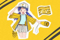  1girl ;d baseball_cap casey_(pokemon) commentary_request electabuzz flag hat highres holding holding_megaphone hsym_2323 jacket long_hair megaphone one_eye_closed open_clothes open_jacket pokemon pokemon_(anime) pokemon_(classic_anime) purple_hair red_eyes shorts signature smile solo striped_clothes striped_jacket striped_shorts teeth twintails twitter_username upper_teeth_only white_shorts yellow_background yellow_jacket 