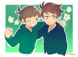  2boys animification annoyed antenna_hair arm_around_shoulder artist_name bags_under_eyes border brown_eyes brown_hair clenched_hand commentary cropped_torso dated_commentary drawstring edd_(eddsworld) eddsworld eduardo_(eddsworld) english_commentary facial_hair fewer_digits frown gradient_background green_eyes green_hoodie green_shirt grin gyuuum_planet99 hair_behind_ear hood hood_down hoodie long_sleeves looking_to_the_side male_focus mixed-language_commentary multiple_boys mustache_stubble one_eye_closed outline shirt short_hair simple_background smile star_(symbol) stubble swept_bangs white_border white_outline 