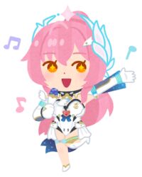  1girl aemeath_(wuthering_waves) arm_up breasts commentary elbow_gloves full_body gloves hair_ornament irasutoya leotard long_hair lowres medium_breasts musical_note official_art open_mouth orange_eyes pink_hair ponytail smile solo star-shaped_pupils star_(symbol) sticker_(medium) symbol-shaped_pupils transparent_background white_gloves white_leotard wuthering_waves 