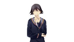  1boy black_hair blue_hoodie buttons casual chaos;child closed_eyes collarbone facing_viewer game_cg hand_on_own_arm hand_on_own_chin highres hood hoodie itou_shinji_(chaos;child) jewelry large_variant_set long_sleeves male_focus matsuo_yukihiro necklace non-web_source official_art pensive science_adventure shirt short_hair solo swept_bangs tachi-e transparent_background upper_body variant_set white_shirt 