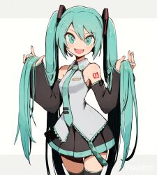  1girl aqua_eyes aqua_hair aqua_nails aqua_necktie black_skirt black_sleeves detached_sleeves hatsune_miku headset highres kuroi_susumu long_hair necktie number_tattoo shirt skirt sleeveless sleeveless_shirt solo tattoo twintails vocaloid white_hair 