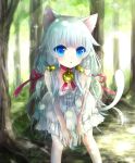  1girl ahoge animal_ears bell bell_collar bent_over blue_eyes cat_ears cat_tail collar dress hair_ornament highres kuroki_mashiro long_hair looking_at_viewer original parted_lips silver_hair solo tail tree white_dress 