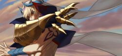  1boy blonde_hair clouds commentary_request covered_mouth fate/grand_order fate_(series) gauntlets gilgamesh_(caster)_(fate) gilgamesh_(fate) glint hands_up high_collar highres jewelry male_focus no_shirt open_hands outdoors raisakaki01 red_eyes shoulder_tattoo single_gauntlet solo tattoo turban upper_body variant_set white_turban 