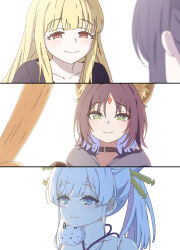  3girls absurdres black_hair blonde_hair blue_eyes blue_hair blunt_bangs blush cho_kaguya-hime! closed_mouth colored_inner_hair commentary_request forehead_jewel fushi_(cho_kaguya-hime!) green_eyes hair_ornament hair_stick highres kaguya_(cho_kaguya-hime!) looking_at_another medium_hair multicolored_hair multiple_girls orange_eyes pink_hair raised_inner_eyebrows runami_yachiyo sakayori_iroha smile split_mouth straight_hair thereaakari twintails white_hair 
