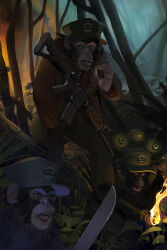  3others absurdres animal ar-15 assault_rifle black_fur chimpanzee cigarette commentary english_commentary fallen_tree fire flamethrower fuel_tank green_pants gun highres holding holding_cigarette holding_flamethrower holding_weapon jacket jungle looking_at_viewer machete military_uniform multiple_others nature no_humans original outdoors pants polilla polivia rifle smoking weapon 