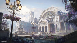  bench bird black_beacon blue_sky brick_floor clouds copyright_name copyright_notice day european_architecture fountain highres lamppost logo motion_blur no_humans official_art official_wallpaper outdoors scenery sky tree wooden_bench 