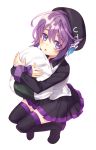  1girl black_legwear food hat highres looking_at_viewer onigiri open_mouth pillow pillow_hug pleated_skirt purple_hair renta_(deja-vu) short_hair simple_background skirt solo thigh-highs transparent_background utane_uta utau violet_eyes zettai_ryouiki 