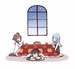  black_hair blue_hair brown_hair hanokage hatsukaze_(kantai_collection) kantai_collection kotatsu long_hair sleeping smile snow table tokitsukaze_(kantai_collection) uniform yukikaze_(kantai_collection) 