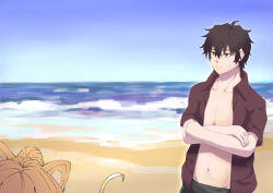  1boy 2girls ahoge beach black_hair black_shorts blonde_hair blue_sky brown_hair collarbone commentary_request crossed_arms filo_(tate_no_yuusha_no_nariagari) green_eyes highres iwatani_naofumi looking_at_another male_focus messy_hair multiple_girls mutsugi_tm ocean official_alternate_costume open_clothes open_shirt out_of_frame raphtalia red_shirt shirt short_hair shorts sky smile solo_focus tate_no_yuusha_no_nariagari upper_body 