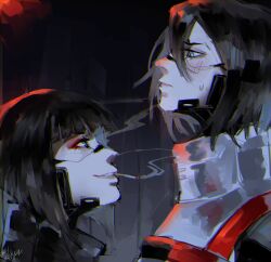  2girls artist_name belyjmotylek black_hair blue_eyes cigarette commentary english_commentary eye_contact eyeshadow from_side height_difference highres looking_at_another makeup multiple_girls portrait red_eyeshadow red_pupils short_hair signalis signature smile smoke star_(signalis) storch_(signalis) 