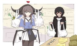  1boy 1girl arknights bag banana black_collar black_gloves black_hair black_horns black_jacket brown_hair brown_pantyhose chinese_commentary closed_mouth clothes_down collar commentary_request crossed_bangs doctor_(arknights) flower flower_on_head food fruit gloves green_eyes groceries hair_between_eyes hatching_(texture) highres holding holding_bag holding_with_horn horns jacket jitome linear_hatching long_hair looking_at_another male_doctor_(arknights) mole mole_under_mouth open_mouth pallas_(arknights) pantyhose plastic_bag purple_gloves purple_shirt red_eyes red_flower red_rose rose sflr shirt short_hair short_sleeves split_mouth unfinished vegetable white_jacket 