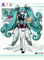  1girl absurdres alternate_costume aqua_eyes aqua_hair bare_shoulders cake cake_slice color_guide commentary_request food frilled_shorts frills fruit full_body hatsune_miku highres jester looking_at_viewer myuga66666 own_hands_together shorts single_leg_pantyhose solo standing strawberry tentacle_hair thigh_strap three_emoji_challenge vocaloid 