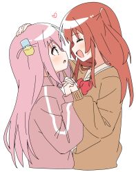  2girls :d :o ^_^ blue_eyes blush bocchi_the_rock! bow bowtie brown_cardigan cardigan closed_eyes commentary cropped_torso cube_hair_ornament from_side gotoh_hitori hair_ornament hand_on_another's_head haru_(konomi_150) heart highres holding_hands interlocked_fingers jacket kita_ikuyo long_hair long_sleeves looking_at_another multiple_girls one_side_up open_mouth pink_hair pink_jacket profile red_bow red_bowtie red_hair sailor_collar school_uniform shuka_high_school_uniform simple_background smile track_jacket white_background white_sailor_collar yuri 