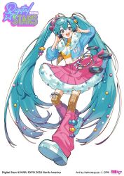  1girl :d aqua_eyes aqua_hair artist_name blue_jacket braid candy_hair_ornament commentary_request company_name copyright_notice crop_top cropped_jacket digital_stars digital_stars_miku_(2026) food-themed_hair_ornament frills full_body hair_ornament hatsune_miku headphones jacket kouhara_yuyu leg_warmers logo navel official_art open_clothes open_jacket pink_leg_warmers pink_skirt plaid_clothes plaid_thighhighs shirt shoes skirt smile solo teeth thigh-highs tongue twintails upper_teeth_only vocaloid white_background white_shoes yellow_shirt yellow_thighhighs 