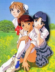  1990s_(style) 3girls blue_eyes blue_hair blue_skirt brown_eyes brown_hair bun_cover collared_shirt dark-skinned_female dark_skin day double_bun fujiwara_aya hair_bun hand_on_own_knee hands_on_another's_shoulders hayasaka_akira highres knee_up long_hair looking_at_viewer meadow mosaic_background multiple_girls nature non-web_source official_art outdoors pleated_skirt red_eyes red_hair retro_artstyle scan school_uniform shirt shoes short_hair short_sleeves sitting skirt smile sneakers striped_clothes striped_skirt super_real_mahjong tanaka_ryou thigh-highs toono_mizuki white_shirt white_thighhighs 