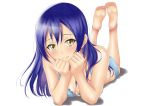  1girl barefoot bikini blue_hair feet long_hair love_live!_school_idol_project muffin_(sirumeria) soles solo sonoda_umi swimsuit toes yellow_eyes 