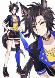  1girl air_shakur_(umamusume) air_shakur_(unsigned)_(umamusume) animal_ears black_choker black_hair black_jacket black_shorts blush breasts cellphone choker closed_mouth collarbone commentary cropped_jacket ear_chain eyebrow_piercing face_piercing hand_on_own_hip hi_(ibisf5umauma) highres holding holding_phone horse_ears horse_girl horse_tail jacket linked_piercing long_hair looking_at_viewer multiple_views open_clothes parted_lips phone piercing shirt shoes short_sleeves shorts single_thighhigh small_breasts smartphone tail thigh-highs thigh_strap umamusume untranslatable_commentary yellow_eyes yellow_shirt 