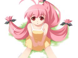  1girl antenna_hair artist_name artist_request black_ribbon dress from_above grass hair_ribbon long_hair looking_up low-tied_long_hair magical_antique non-web_source official_art on_ground parted_lips pink_hair red_eyes ribbon sitting solo sphie tri_tails yellow_dress 