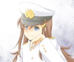  1girl blue_eyes brown_hair chin_rest female_admiral_(kantai_collection) hair_ornament hairclip hat kantai_collection katou_marika long_hair military military_uniform miniskirt_pirates natsushi naval_uniform smile solo uniform 