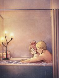  1boy 1girl bath bathroom blonde_hair boruto:_naruto_next_generations bottle candle commentary facial_mark forehead_mark green_eyes haruno_sakura highres in_bathtub indoors narusakuart1 naruto_(series) one_eye_closed pink_hair short_hair shower_curtain untranslatable_commentary uzumaki_naruto whisker_markings 