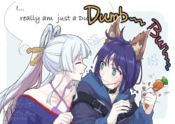  2girls absurdres animal_ears blush carrot cho_kaguya-hime! closed_eyes collarbone commentary english_commentary english_text face-to-face facing_another flying_sweatdrops forehead_jewel fox_ears green_eyes hair_ornament hair_rings hair_stick highres holding holding_carrot long_hair long_sleeves multiple_girls pin.s pink_nails purple_hair purple_nails runami_yachiyo sakayori_iroha short_hair twitter_username upper_body white_hair zootopia 
