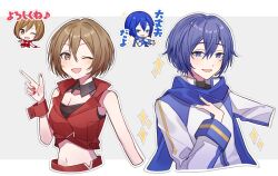  1boy 1girl bare_shoulders blue_eyes blue_hair blue_nails blue_scarf bob_cut breasts brown_eyes brown_hair collared_shirt commentary_request cropped_torso double-parted_bangs hair_between_eyes hand_up headset kaito_(vocaloid) kikutouji l_hand long_sleeves looking_at_viewer meiko_(vocaloid) midriff musical_note navel one_eye_closed open_hand opi photo-referenced photo_inset project_sekai red_nails scarf shirt short_hair sleeveless smile sparkle vocaloid wing_collar 